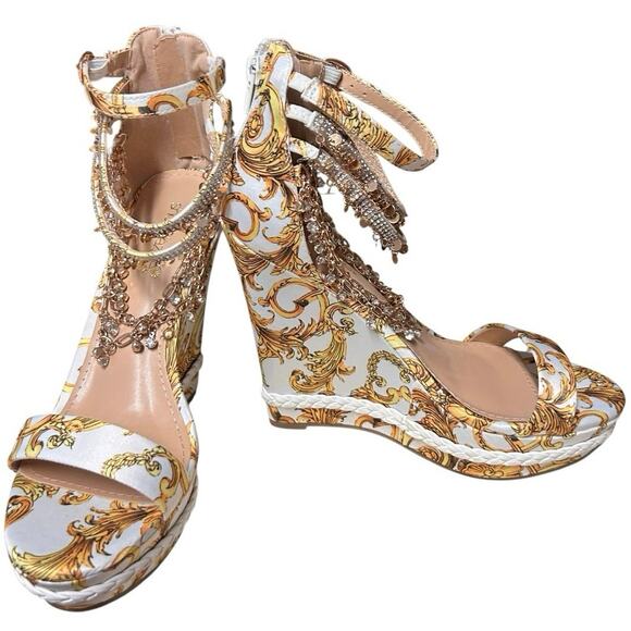 Gold and White Platform Wedge Shoe Dazzle Embellished Ankle Straps Size 8.5 - Picture 1 of 10